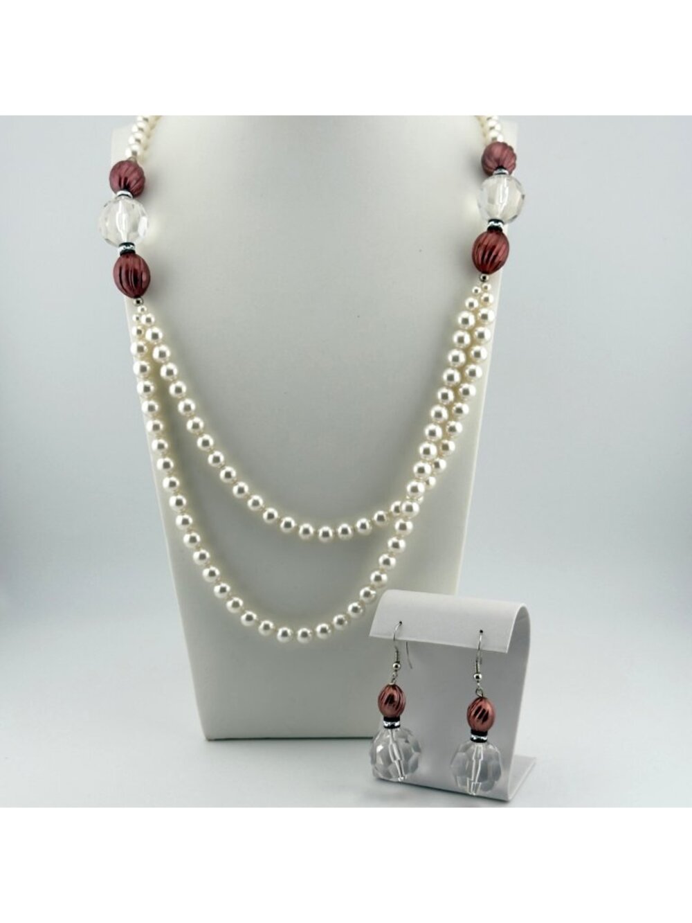 Long Faux Pearl Acrylic Beaded Necklace Earring Set 32"